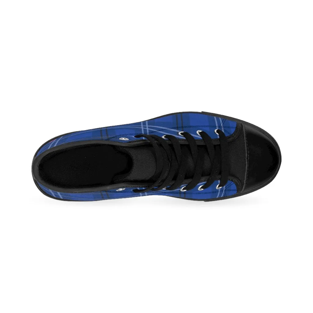 Blue Plaid Men's High Tops, Scottish Plaid Preppy Printed Canvas Fashion Tennis Shoes For Men