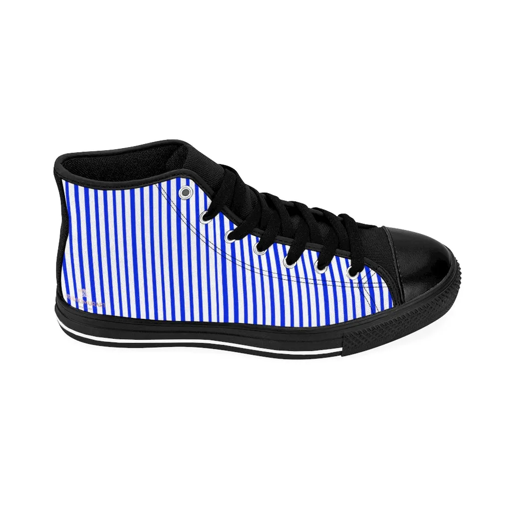 Blue Striped Men's High-top Sneakers, Modern Stripes Men's Designer Tennis Running Shoes (US Size: 6-14)