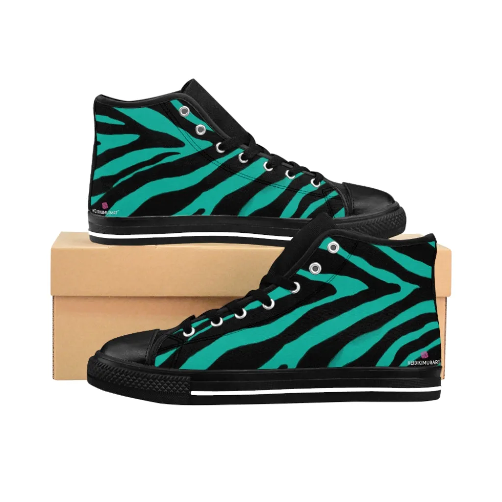 Blue Zebra Men's High Tops, Zebra Striped Animal Print Men's Classic Sneakers Running Fashion Canvas Shoes