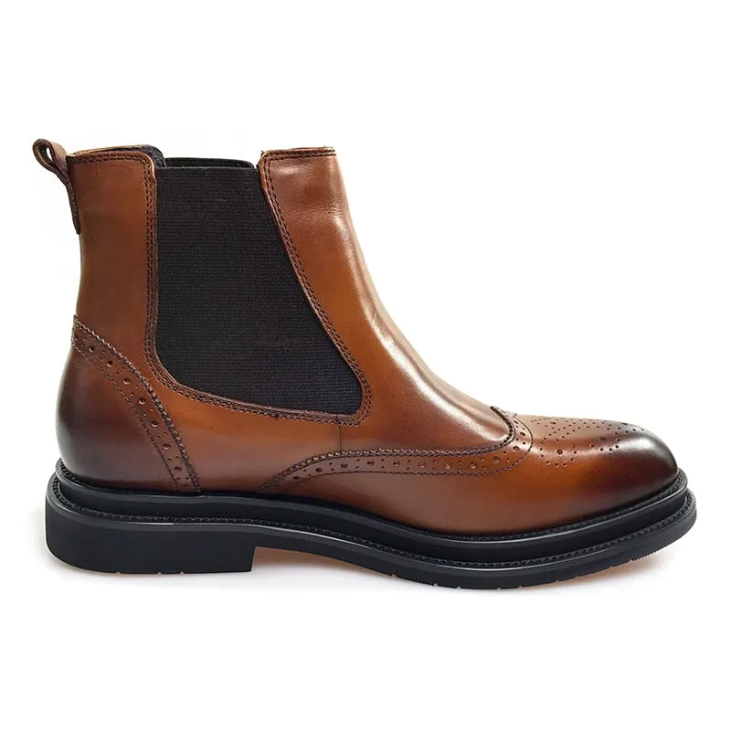 Classic Brown Leather Wingtip Men Chelsea Boots