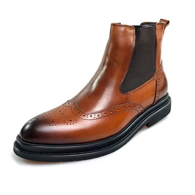 Classic Brown Leather Wingtip Men Chelsea Boots