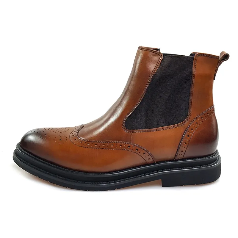 Classic Brown Leather Wingtip Men Chelsea Boots