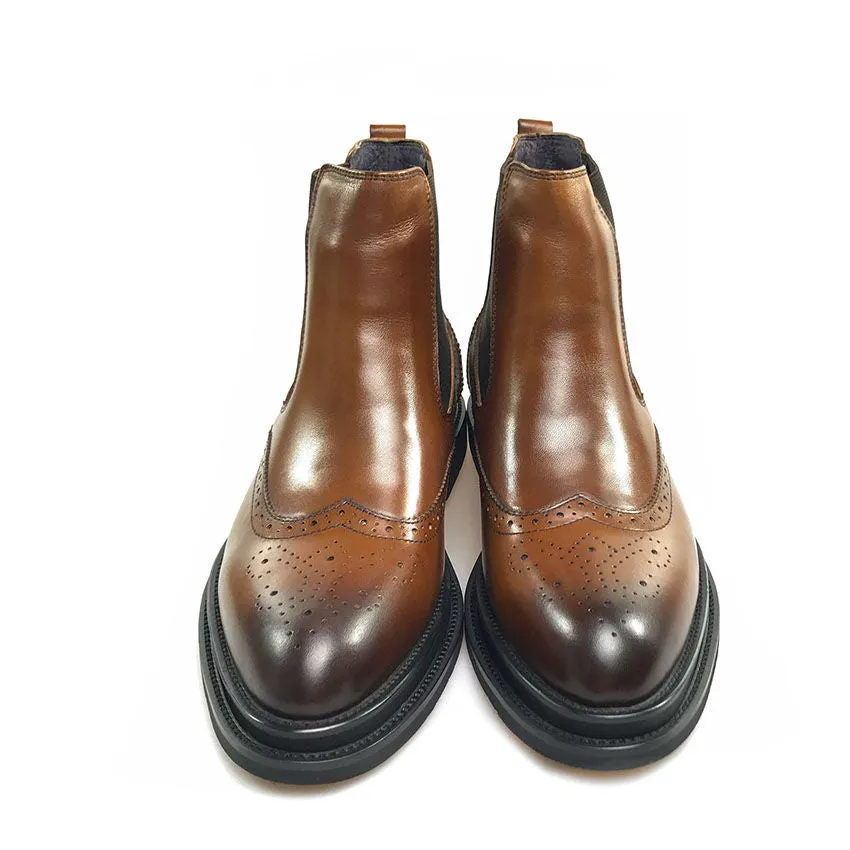 Classic Brown Leather Wingtip Men Chelsea Boots