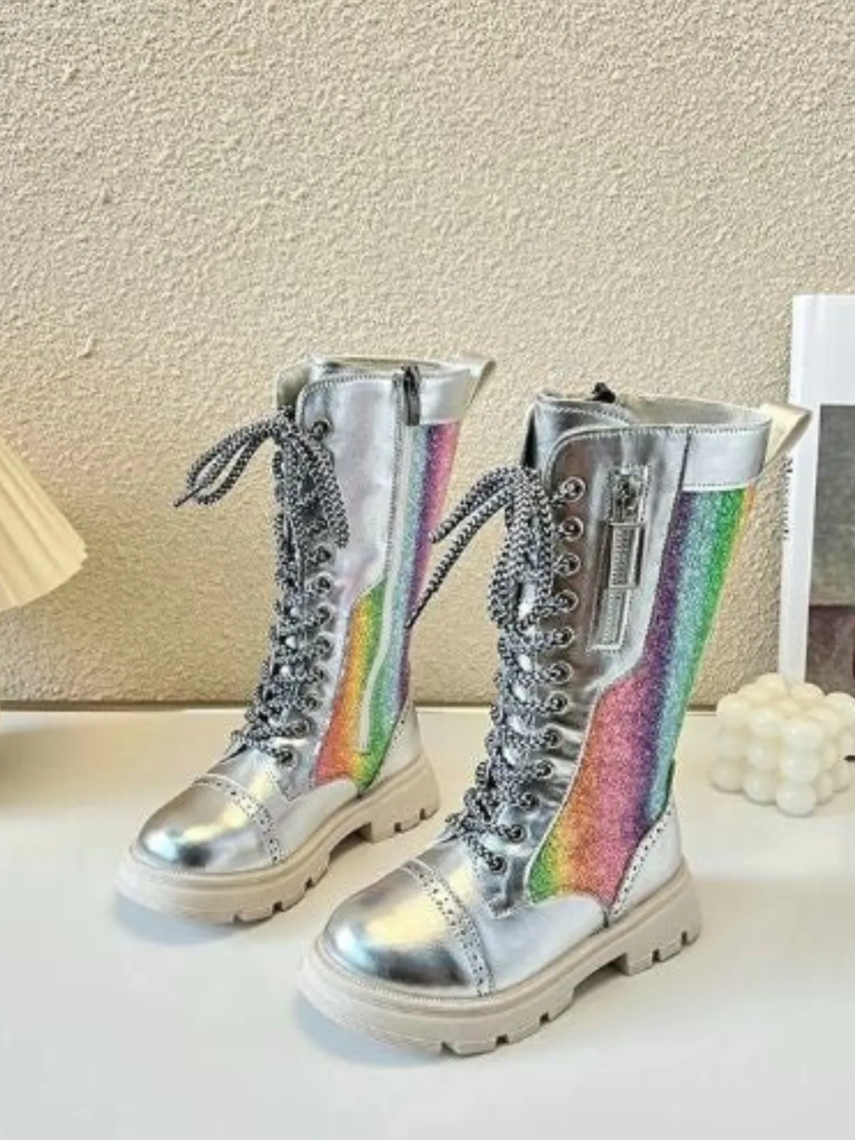 Dazzling Day Glitter Rainbow Lace-Up Boots by Liv and Mia