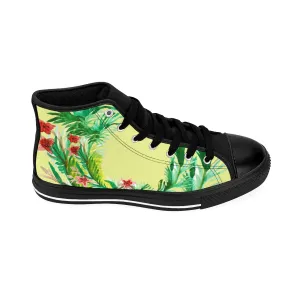 Light Yellow Floral Men's Sneakers, Red Floral Print High-top Sneakers Running Tennis Shoes