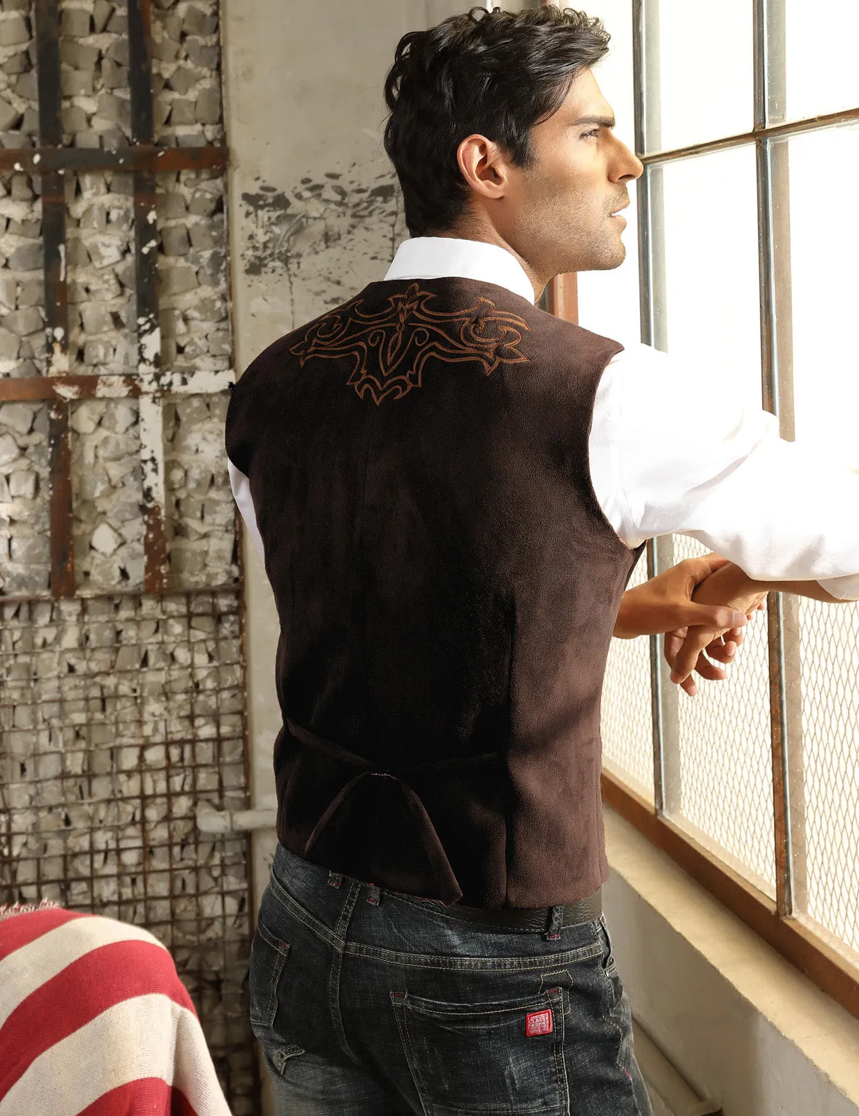 Men's Suede Leather Suit Vest Embroidery Casual Slim Fit Western Vest Waistcoats