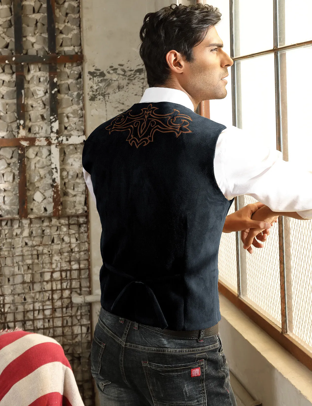 Men's Suede Leather Suit Vest Embroidery Casual Slim Fit Western Vest Waistcoats